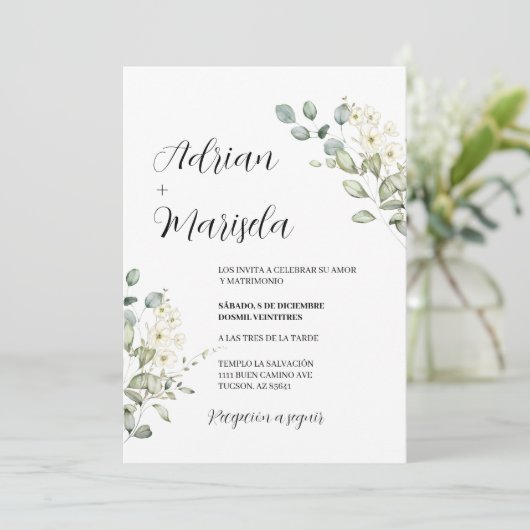 Greenery Spanish Wedding Einladung (Stehend Vorderseite)