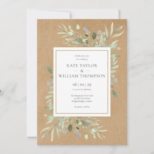 Greenery Spring Blätter Rustic Kraft Wedding Einladung (Vorderseite)