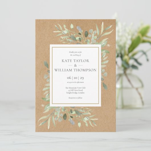 Greenery Spring Blätter Rustic Kraft Wedding Einladung (Stehend Vorderseite)