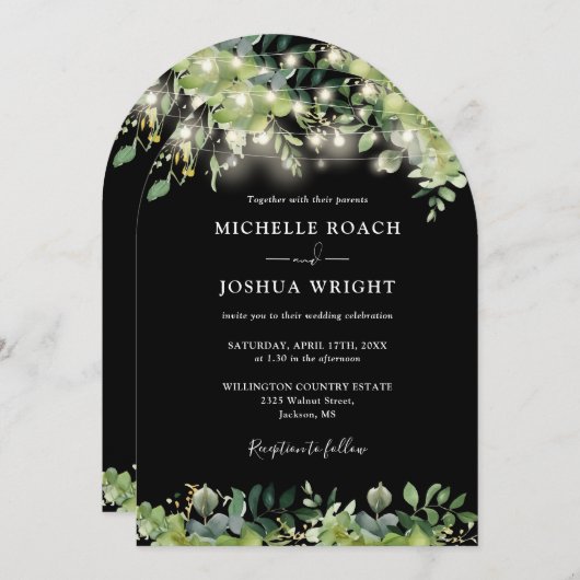 Greenery String Lights Arch QR Code Wedding Einladung (Vorne/Hinten)