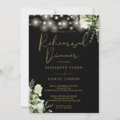 Greenery String Lights Black Gold Probe Dinner Einladung (Vorderseite)