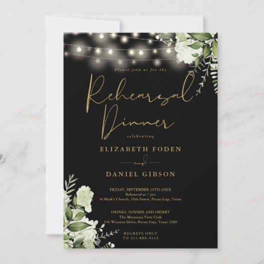 Greenery String Lights Black Gold Probe Dinner Einladung (Vorderseite)