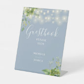 Greenery String Lights Dusty Blue Guestbook Sockelschild (Vorderseite)