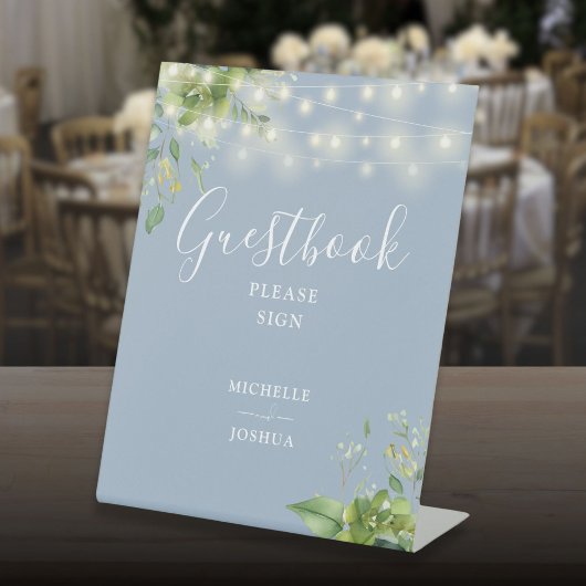 Greenery String Lights Dusty Blue Guestbook Sockelschild