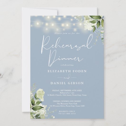 Greenery String Lights Dusty Blue Probe Dinner Einladung (Vorderseite)