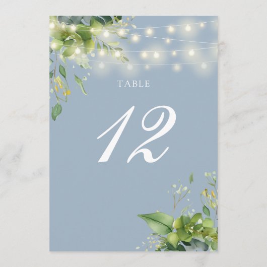 Greenery String Lights Dusty Blue Tischnummer (Rückseite)