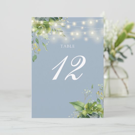 Greenery String Lights Dusty Blue Tischnummer (Stehend Vorderseite)