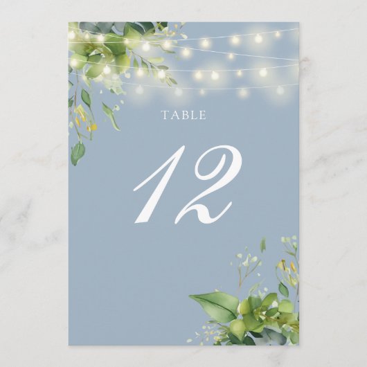 Greenery String Lights Dusty Blue Tischnummer (Vorderseite)