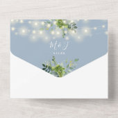 Greenery String Lights Dusty Blue Wedding All In One Einladung (Rückseite)