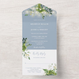 Greenery String Lights Dusty Blue Wedding All In One Einladung