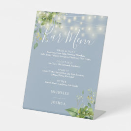Greenery String Lights Dusty Blue Wedding Bar Menu Sockelschild