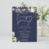 Greenery String Lights Navy Wedding Evening Party Einladung (Stehend Vorderseite)