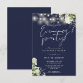 Greenery String Lights Navy Wedding Evening Party Einladung (Vorne/Hinten)