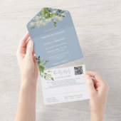 Greenery String Lights QR Code Dusty Blue Wedding All In One Einladung (Abreißen)