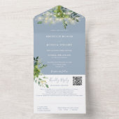 Greenery String Lights QR Code Dusty Blue Wedding All In One Einladung (Innen Boden)