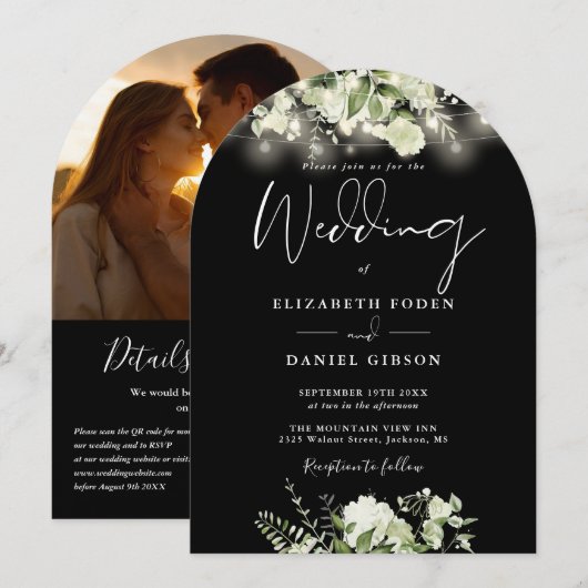 Greenery String Lights QR Foto Arch Wedding Einladung (Vorne/Hinten)