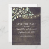 Greenery String Lights Rustikal Save the Date Ankündigungspostkarte (Vorne/Hinten)