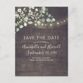Greenery String Lights Rustikal Save the Date Ankündigungspostkarte (Vorderseite)