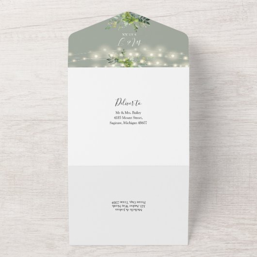 Greenery String Lights Sage Green Wedding All In One Einladung (Außenbereich)