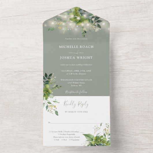 Greenery String Lights Sage Green Wedding All In One Einladung (Innen Boden)