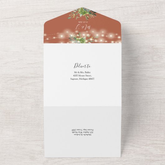Greenery String Lights Terracotta Wedding All In One Einladung (Außenbereich)