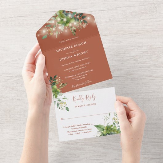 Greenery String Lights Terracotta Wedding All In One Einladung (Abreißen)