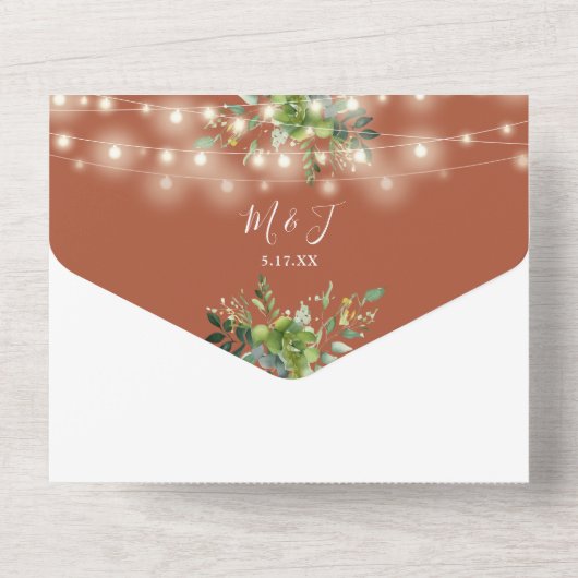 Greenery String Lights Terracotta Wedding All In One Einladung (Rückseite)