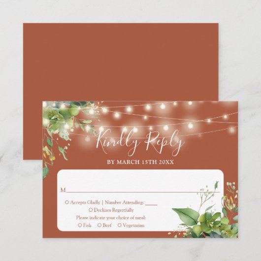 Greenery String Lights Terrcotta Wedding RSVP Karte (Vorne/Hinten)