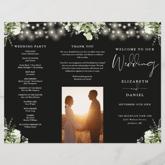 Greenery String Lights Trifold Wedding Program Flyer (Vorne)