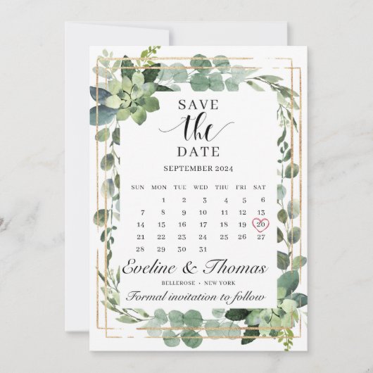 Greenery succulent blumengoldener geometrischer Ra Save The Date (Vorderseite)