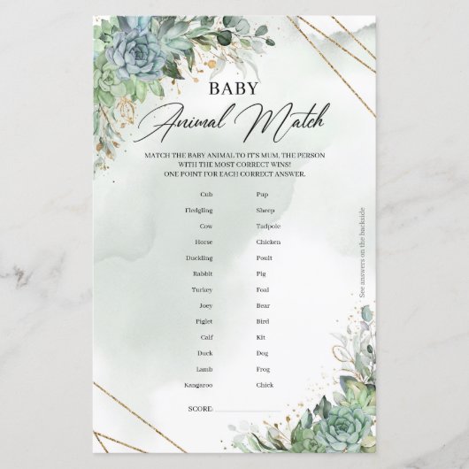 Greenery succulents gold frame Baby Animal Match (Vorderseite)