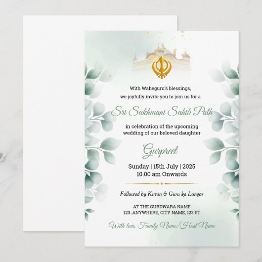 Greenery Sukhmani Sahib Path Invitation Einladung (Vorne/Hinten)