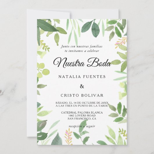 Greenery Summer Destination Spanish Wedding Einladung (Vorderseite)