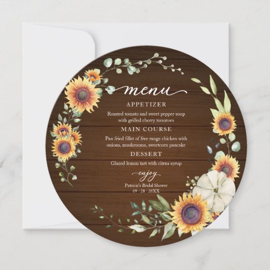 Greenery Sunflower Fall Brautparty Circle Menu Einladung (Vorderseite)