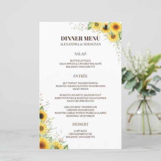 Greenery Sunflower Wedding Dinner Menu (Stehend Vorderseite)