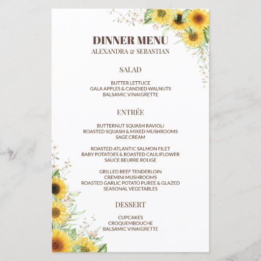 Greenery Sunflower Wedding Dinner Menu (Vorderseite)