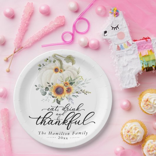 Greenery Sunflowers White Pumpkin Erntedank Pappteller (Party)