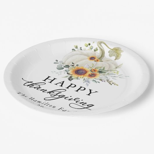 Greenery Sunflowers White Pumpkin Erntedank Pappteller (Schrägansicht)