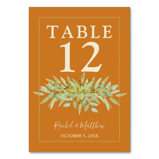Greenery Swag auf Ochre Wedding Tischnummer (Vorderseite)