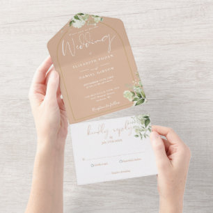 Greenery Tan and Gold Arch Wedding All In One Einladung