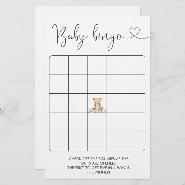Greenery Teddy Bear Baby Shower Bingo Game (Vorne/Hinten)
