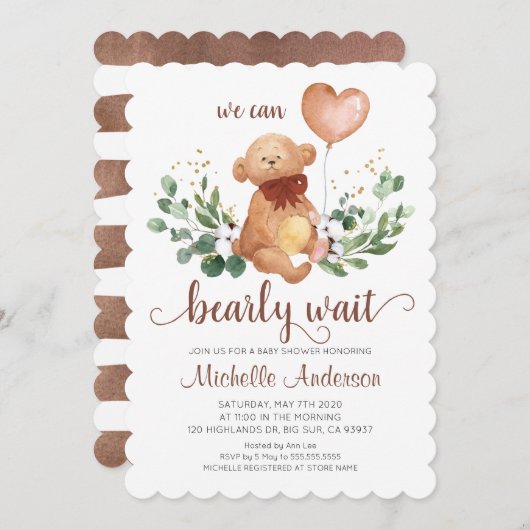 Greenery Teddy Bear Bear Bearly Wait Baby Shower Einladung (Vorne/Hinten)