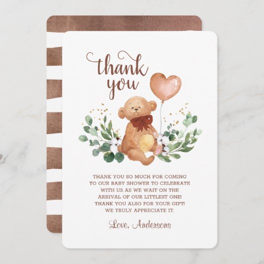 Greenery Teddy Bear Beary Much Baby Shower Dankeskarte (Vorne/Hinten)