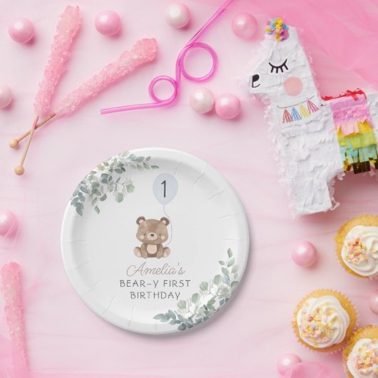 Greenery Teddy Bear Erstgeburt Geschlecht neutral Pappteller (Party)
