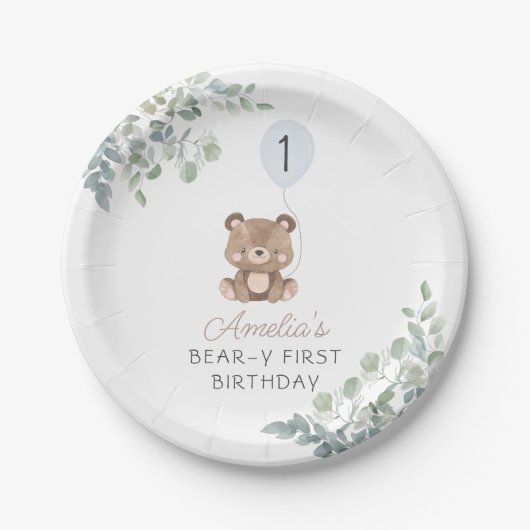 Greenery Teddy Bear Erstgeburt Geschlecht neutral Pappteller (Vorderseite)