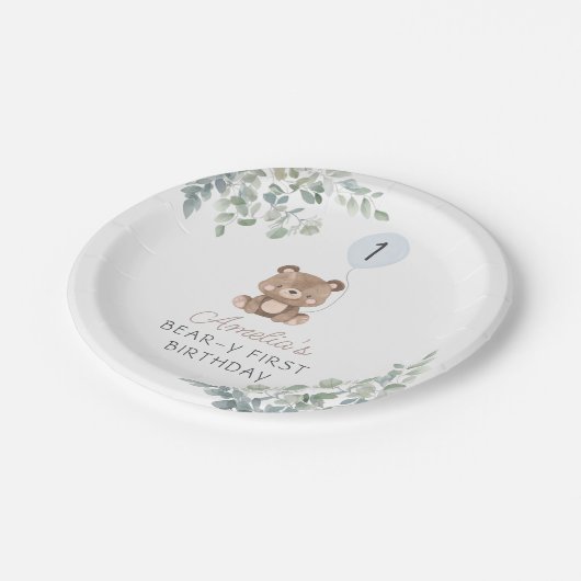 Greenery Teddy Bear Erstgeburt Geschlecht neutral Pappteller (Schrägansicht)