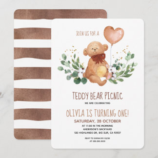 Greenery Teddy Bear Picnic Baby Birthday Einladung