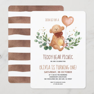 Greenery Teddy Bear Picnic Baby Birthday Einladung