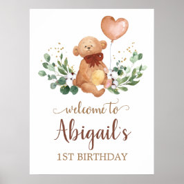 Greenery Teddy Bear Welcome Baby Birthday Poster