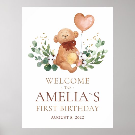Greenery Teddy Bear Welcome Baby Birthday Poster (Vorne)